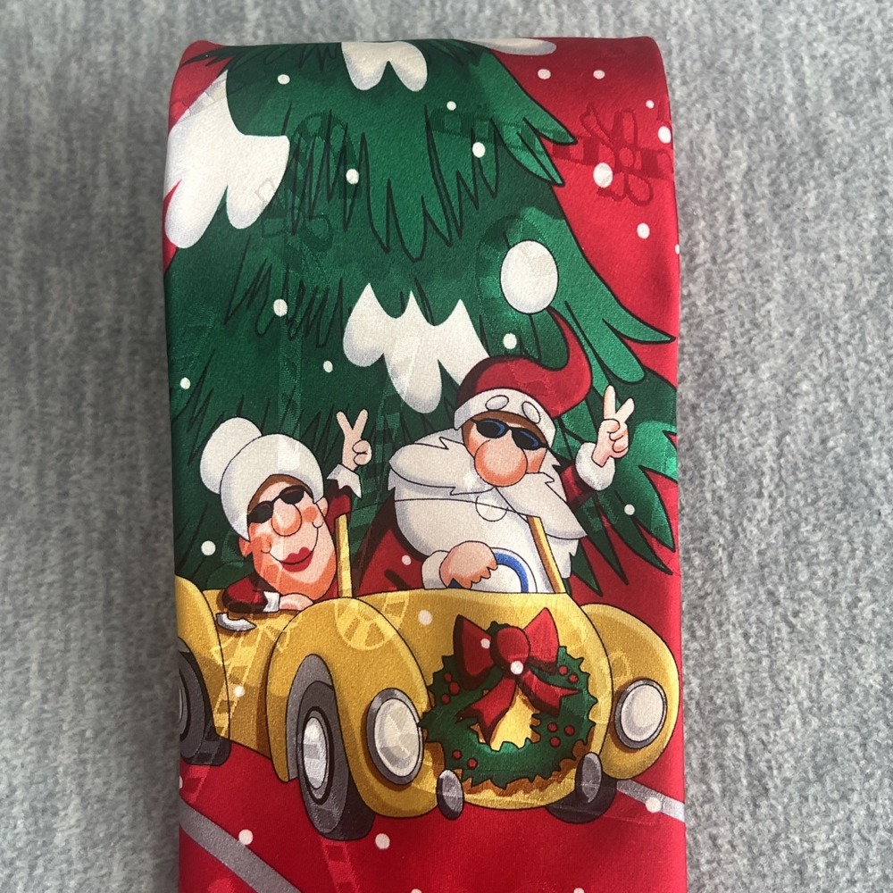 Hallmark Yule Tie Greetings Christmas Santa Mrs Claus Car Peace Silk Men Vintage - Picture 2 of 12